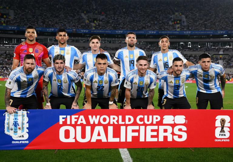 Argentina's players pose for a team photo the 2026 FIFA World Cup South American qualifiers football match between Argentina and Bolivia at the Mas Monumental stadium in Buenos Aires on October 15, 2024. (Photo by Luis ROBAYO / AFP) (Photo by LUIS ROBAYO/AFP via Getty Images)