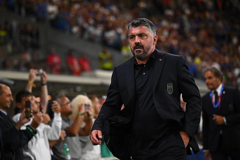 BERGAMO, ITALY - SEPTEMBER 05: Coach Gennaro Gattuso of Italy looks on prior to the National anthems prior to the FIFA World Cup 2026 qualifier match between Italy and Estonia at Stadio di Bergamo on September 05, 2025 in Bergamo, Italy. (Photo by Mattia Ozbot/Getty Images)