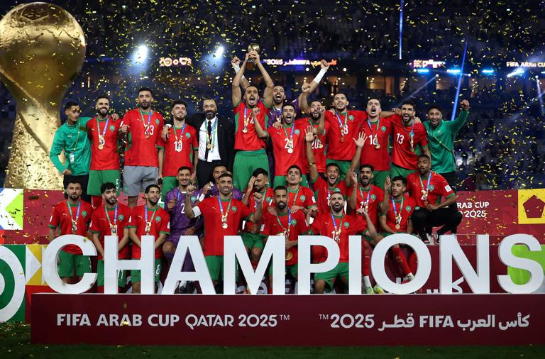 LUSAIL CITY, QATAR - DECEMBER 18: Morocco celebrate with the trophy after winning the FIFA Arab Cup 2025 Final match between Jordan and Morocco at Lusail Stadium on December 18, 2025 in Lusail City, Qatar. (Photo by Mohamed Farag - FIFA/FIFA via Getty Images)
