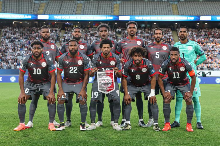 New Caledonia team line-up prior to a World Cup 26 qualifier against New Zealand